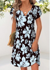 Dusty Blue Floral Print Short Tuck Stitch Dress | thumb picture 