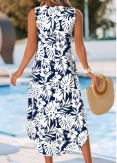 Navy Floral Print Curved Hem Sleeveless V Neck Dress | thumb picture 