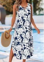Navy Floral Print Curved Hem Sleeveless V Neck Dress | thumb picture 