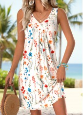 White Floral Print Short Shirred Sleeveless V Neck Dress