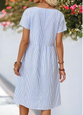 Dusty Blue Striped Shirred Short Sleeve Round Neck Dress | thumb picture 