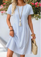 Dusty Blue Striped Shirred Short Sleeve Round Neck Dress | thumb picture 