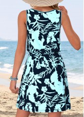 Cyan Leaf Print Short Twist Sleeveless V Neck Dress | thumb picture 