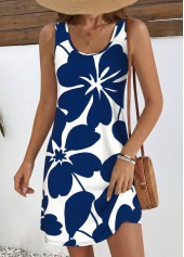 Navy Floral Print Short Tummy Coverage Sleeveless Dress
