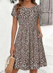 Dark Coffee Ditsy Floral Print Short Shirred Dress