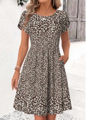 Dark Coffee Ditsy Floral Print Short Shirred Dress | thumb picture 