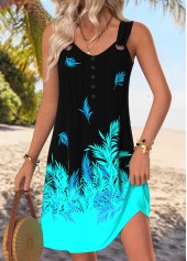 Black Leaf Print Short Tuck Stitch Sleeveless Dress