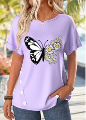 Light Purple Floral Print Patchwork Short Sleeve T Shirt