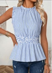 Blue Striped Frill Sleeveless Round Neck Tank Top