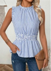 Blue Striped Frill Sleeveless Round Neck Tank Top | thumb picture 