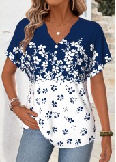 Navy Floral Print Split Short Sleeve T Shirt