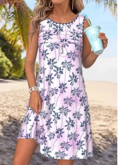 Multi Color Tropical Plants Print Short Tuck Stitch Dress