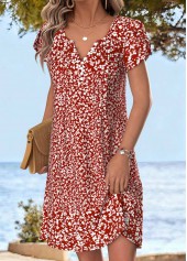 Red Ditsy Floral Print Short Tuck Stitch Dress | thumb picture 
