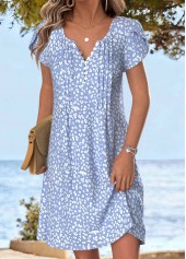 Light Blue Ditsy Floral Print Short Tuck Stitch Dress