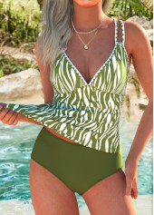 Sage Green Mid Waisted Multi Stripe Print Tankini Set