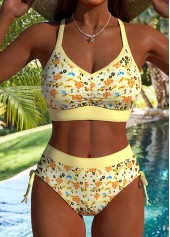 Yellow Mid Waisted Lace Up Floral Print Bikini Set