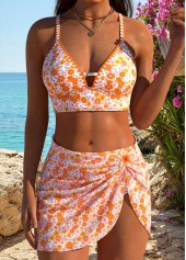 Orange Low Waisted Three-piece Floral Print Bikini Set