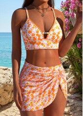Orange Low Waisted Three-piece Floral Print Bikini Set | thumb picture 