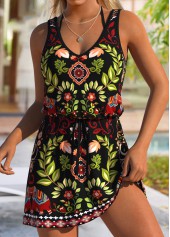 Tummy Coverage Leaf Print Black Cover Up