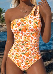 Orange Mid Waisted Wrap Floral Print One Piece Swimwear