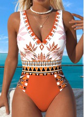 Brick Red Ruched Tribal Print One Piece Swimwear