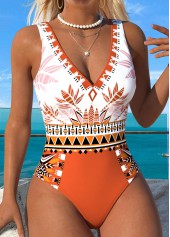Brick Red Ruched Tribal Print One Piece Swimwear | thumb picture 