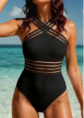 Black Criss Cross Patchwork One Piece Swimwear