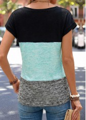 Cyan Patchwork Short Sleeve Round Neck T Shirt | thumb picture 