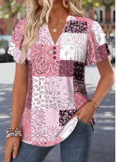 Pink Tribal Print Curved Hem Short Sleeve T Shirt