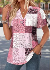 Pink Tribal Print Curved Hem Short Sleeve T Shirt | thumb picture 