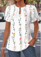 White Ditsy Floral Print Curved Hem Short Sleeve Blouse