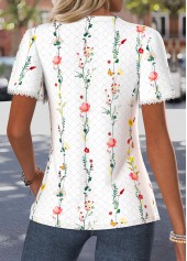 White Ditsy Floral Print Curved Hem Short Sleeve Blouse | thumb picture 