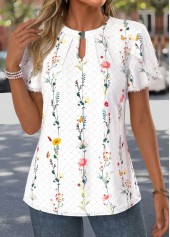 White Ditsy Floral Print Curved Hem Short Sleeve Blouse | thumb picture 