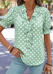Sage Green Polka Dot Ruffle Short Sleeve Blouse