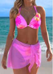 Pink Low Waisted Three-piece Floral Print Bikini Set