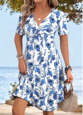 White Floral Print Short Twist V Neck Dress | thumb picture 