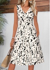 Beige Shirred Sleeveless V Neck Dress | thumb picture 