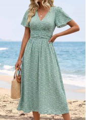 Light Green Ditsy Floral Print Shirred Short Sleeve Dress | thumb picture 