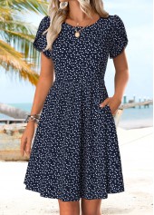 Navy Geometric Print Double Side Pockets Short Sleeve Dress