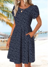 Navy Geometric Print Double Side Pockets Short Sleeve Dress | thumb picture 