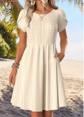 Beige Double Side Pockets Short Sleeve Round Neck Dress