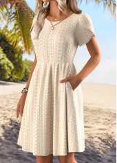 Beige Double Side Pockets Short Sleeve Round Neck Dress | thumb picture 