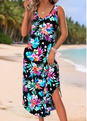 Black Floral Print Tummy Coverage A Line Sleeveless Dress | thumb picture 