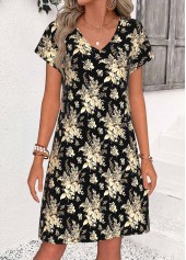 Black Floral Print Short Tummy Coverage A Line Dress