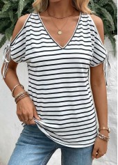 White Striped Tie Short Sleeve V Neck T Shirt | thumb picture 