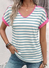 Multi Color Striped Contrast Piping Short Sleeve T Shirt