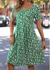 Green Floral Print Tummy Coverage Short Sleeve Dress