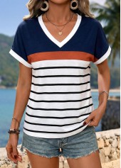 White Striped Contrast Piping Short Sleeve T Shirt