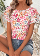 Light Pink Floral Print Ruffle Short Sleeve T Shirt