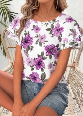 Light Purple Floral Print Ruffle Short Sleeve T Shirt | thumb picture 